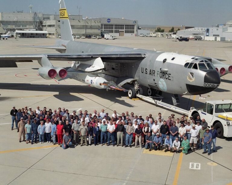 The Hyper-X X-43A project team in front of NASA's B-52B launch aircraft